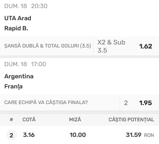 biletul zilei de duminică 18 decembrie cu meciurile UTA - Rapid și Argentina - Franța